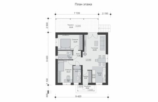 Одноэтажный дом с двумя спальнями и террасой